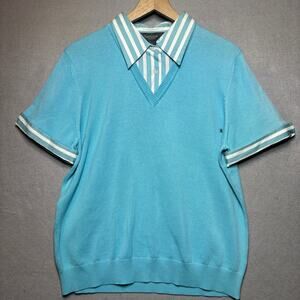 Van Heusen V-Neck Layered Sweater Shirt Combo XL Built In Striped‎ Collar Preppy